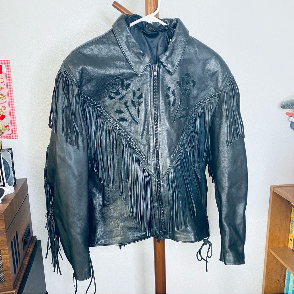 Vintage Genuine Black Leather Rose Cutout Boho Fringe Motorcycle Jacket Medium - Picture 13 of 13